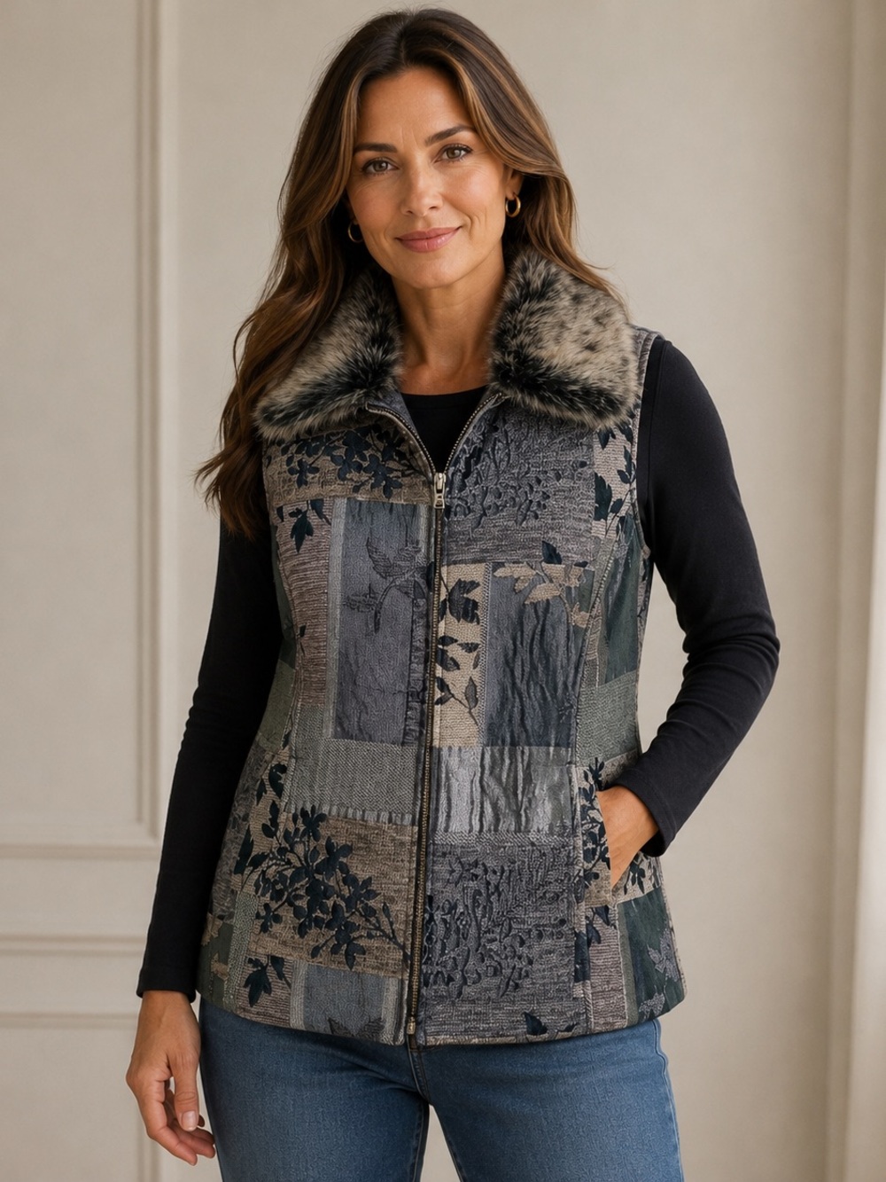 Coldwater Creek Patchwork Faux-Fur Collar Vest in Gray and Brown